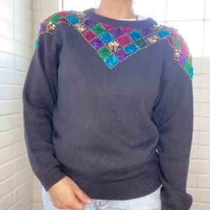 VINTAGE Bonnie Evans Black Multicolored Geometric Sequined Sweater